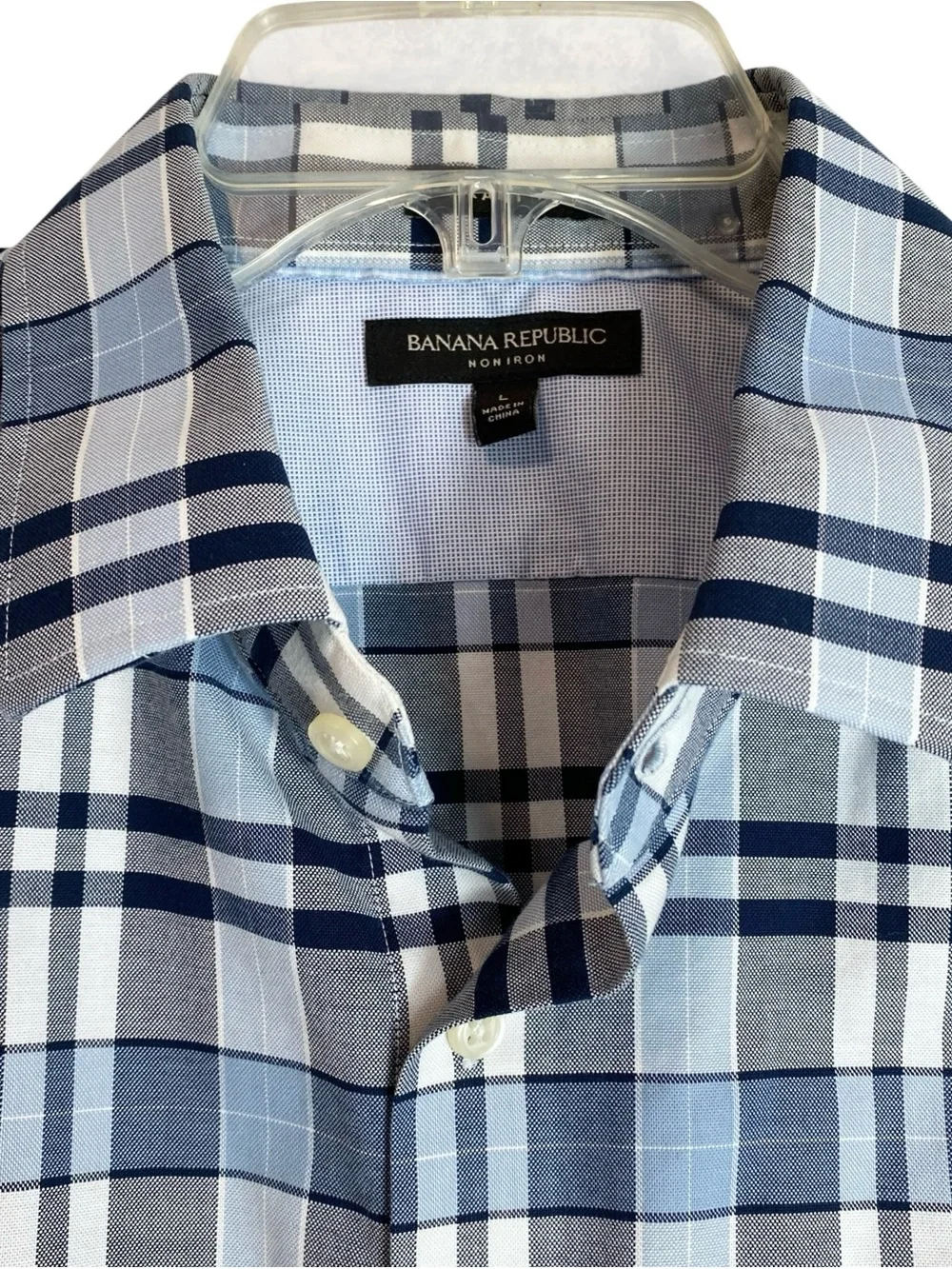 Banana Republic Grant Fit Men's Navy Plaid Button-Down No Iron Large 16-16 1/2